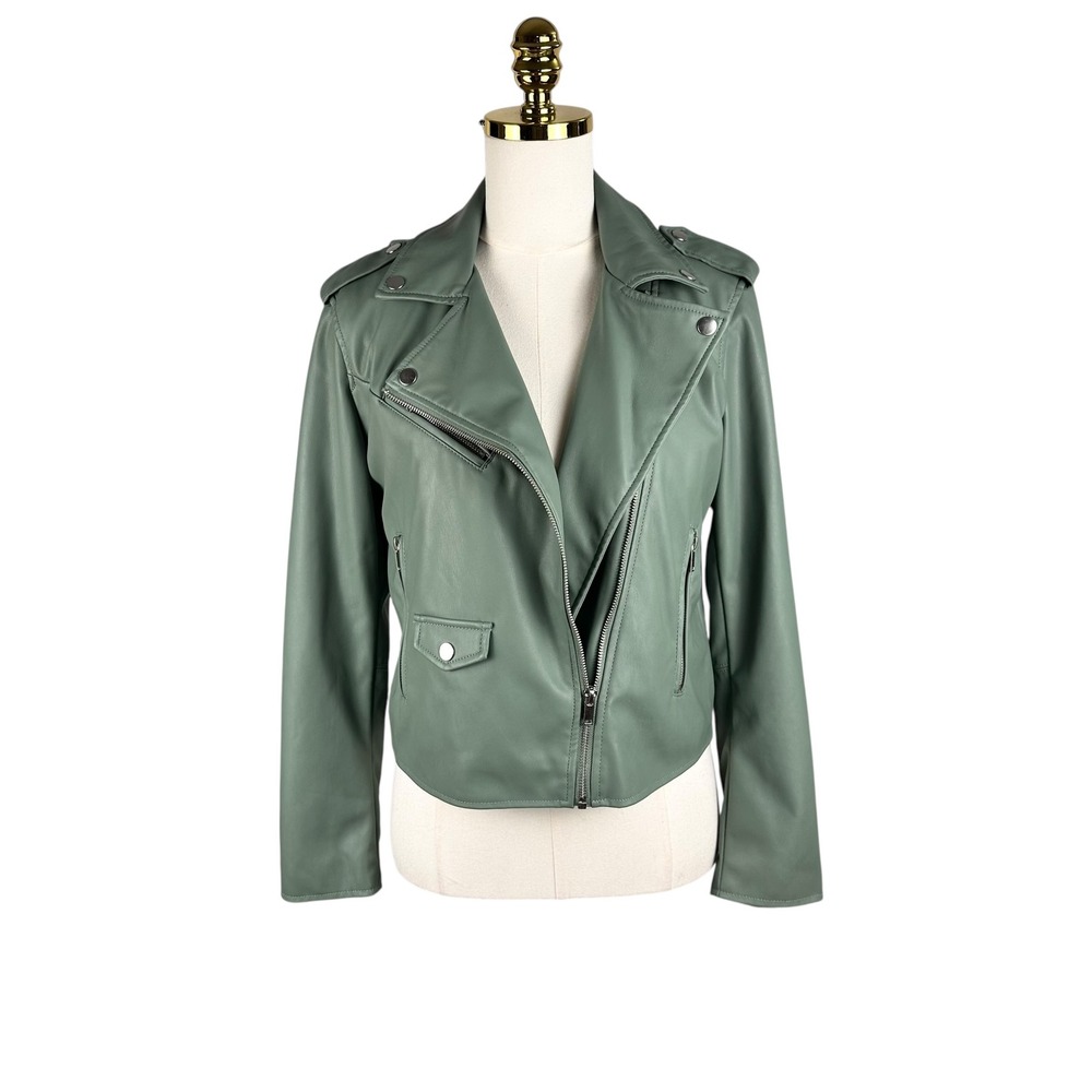Nine West Womens Sage Mint Green Faux Leather Asymmetric Moto Biker Jacket Sz S